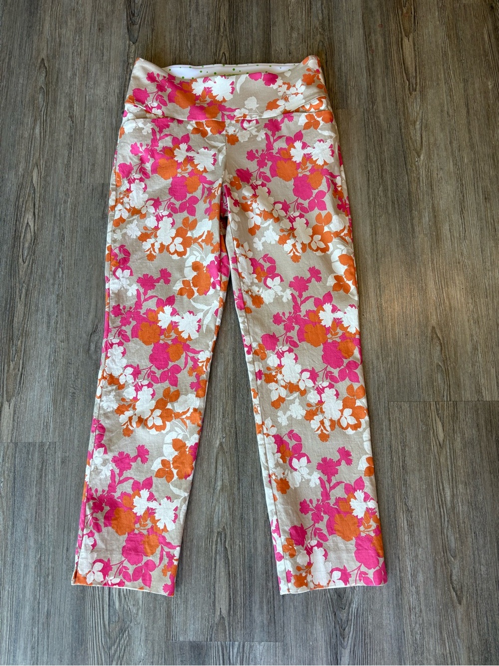 SWING CONTROL GOLF PANTS WOMENS PINK ORANGE TAN FLORAL ON WHITE SZ 6 ANKLE